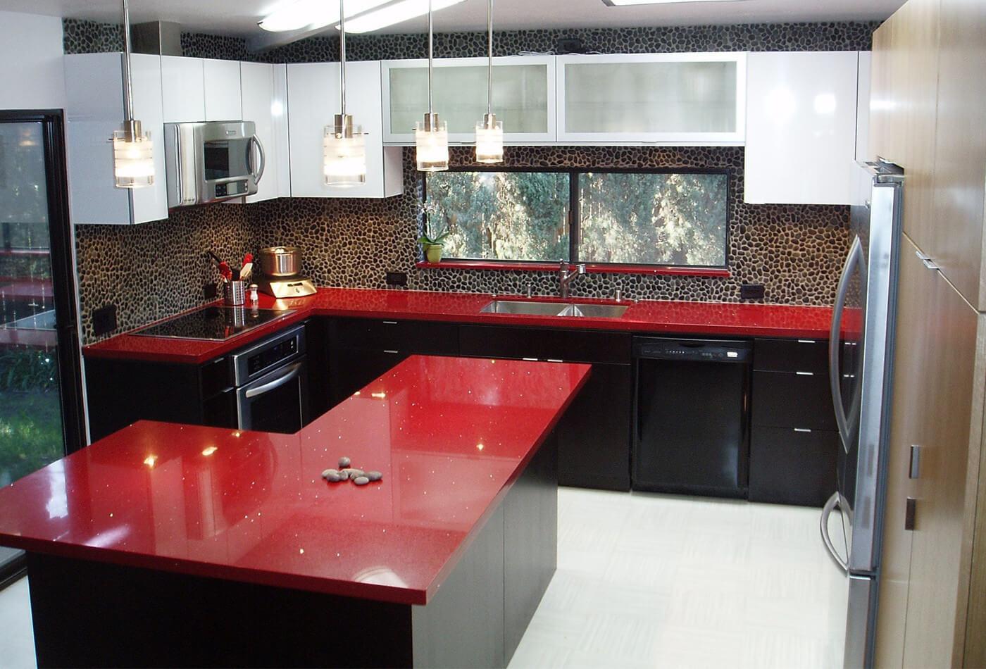 Incorporate a bold countertop material to complement your Burgundy Kitchen