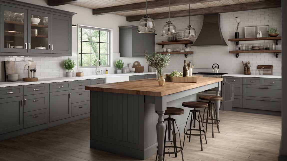 Statement hardware on cabinets enhances​ the vintage charm of a farmhouse kitchen