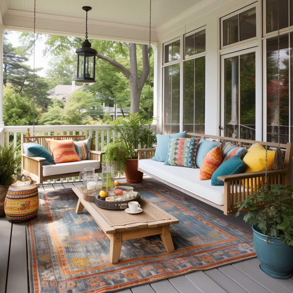 Add a statement rug to define your screened porch lounging area