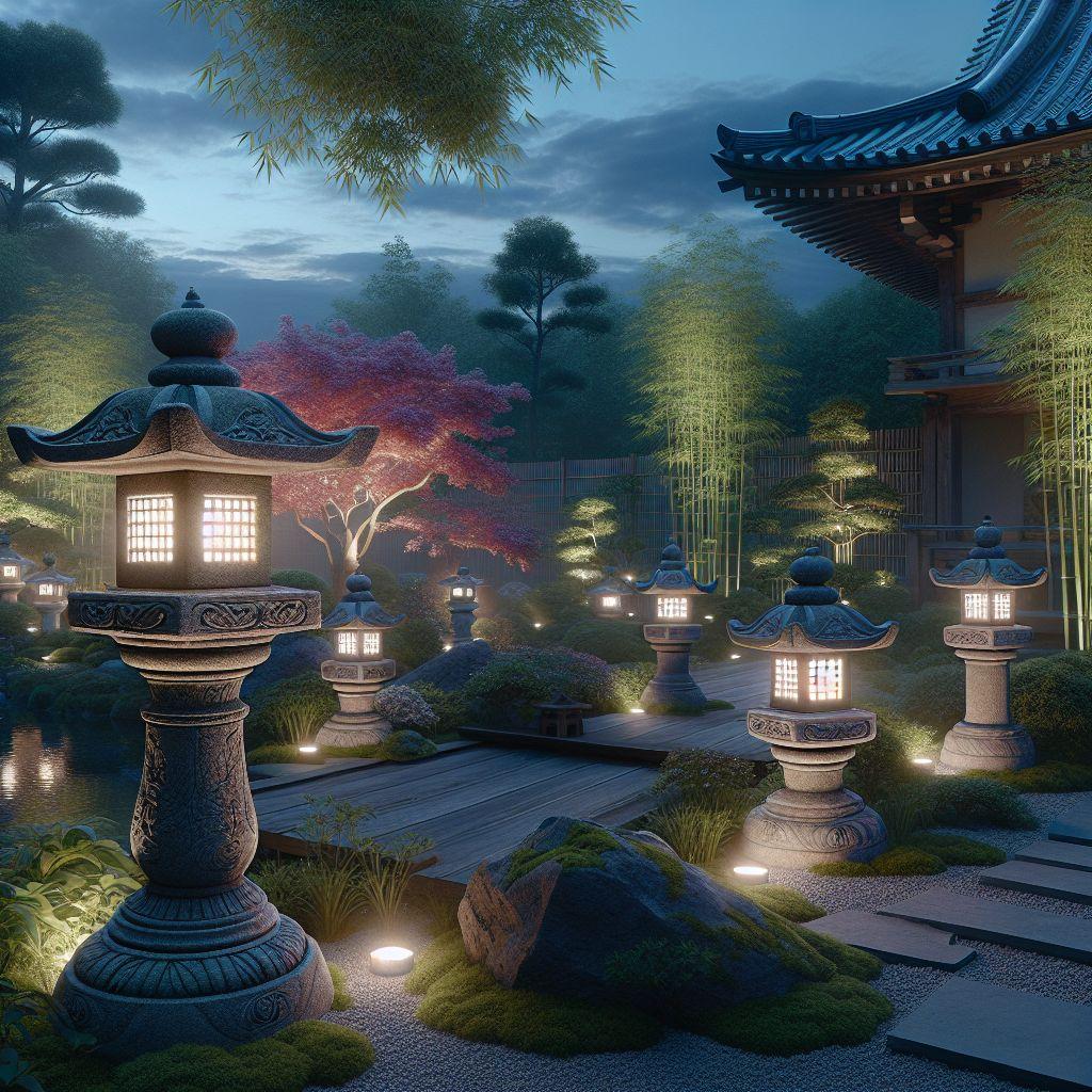 Carefully placed lanterns illuminate pathways in a Zen Garden at night