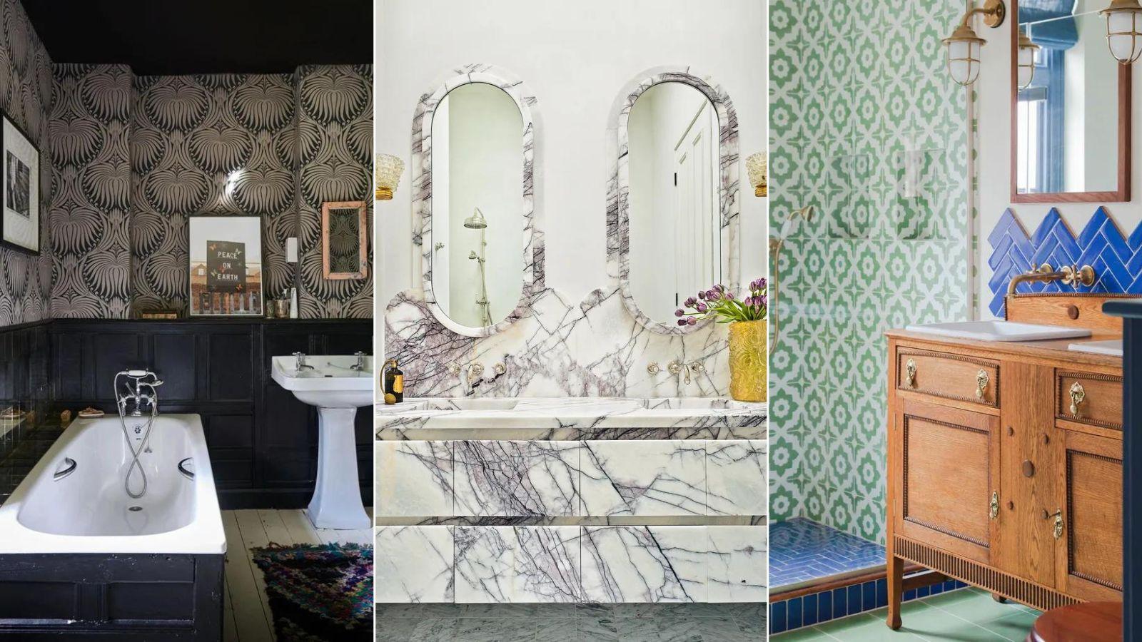 Layered textiles with varying​ patterns for an eclectic bathroom vibe