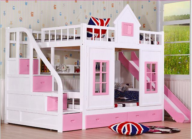 Children bunk bed wooden 2 floor ladder ark with slide bed pink .