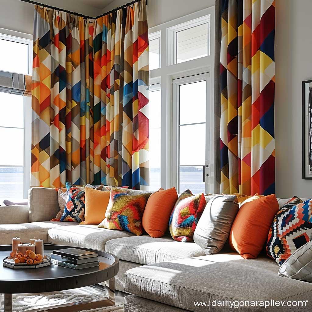 Experiment with geometric patterns in textiles to energize your living room