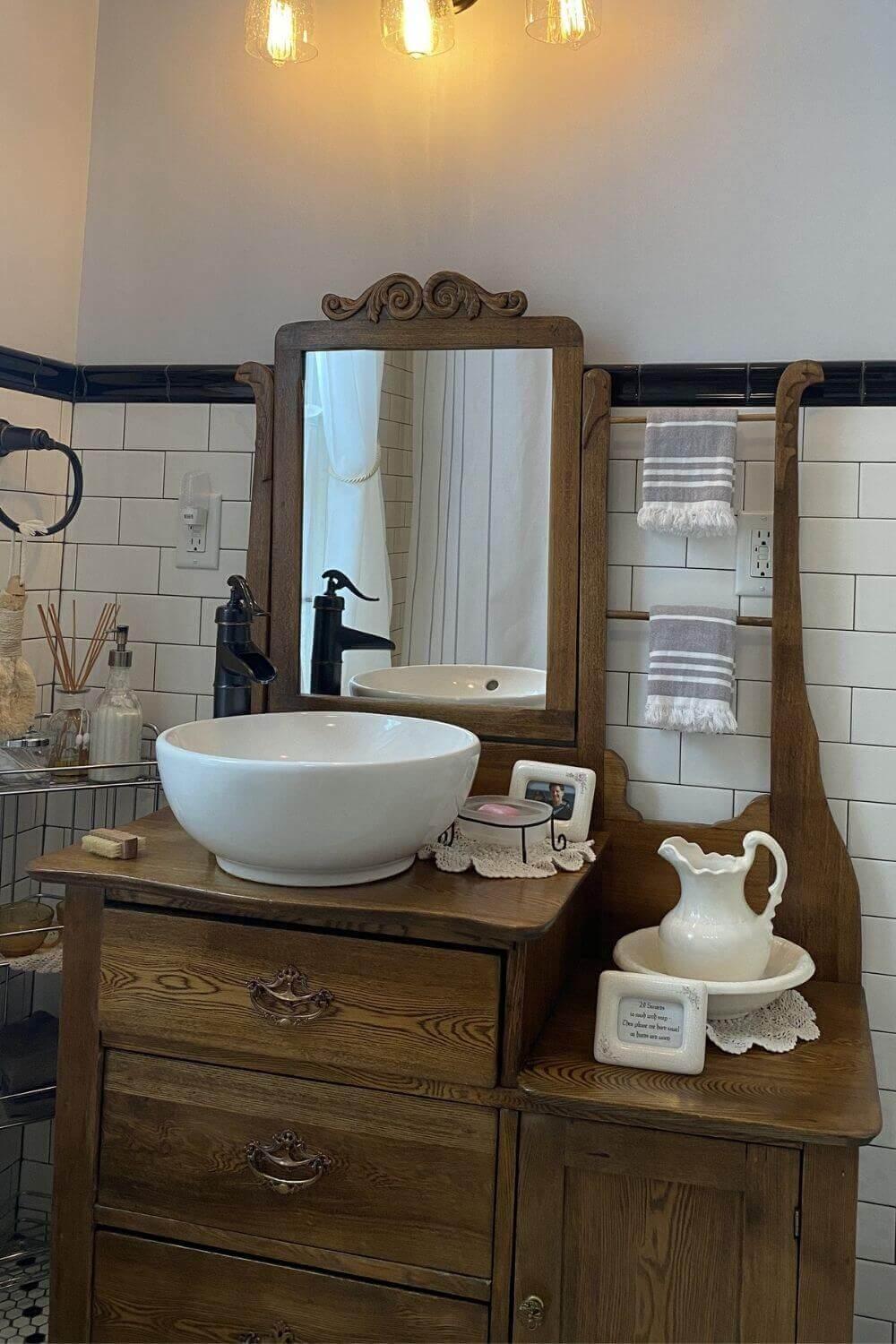 Replace standard cabinetry with antique‌ finds in​ farmhouse bathrooms