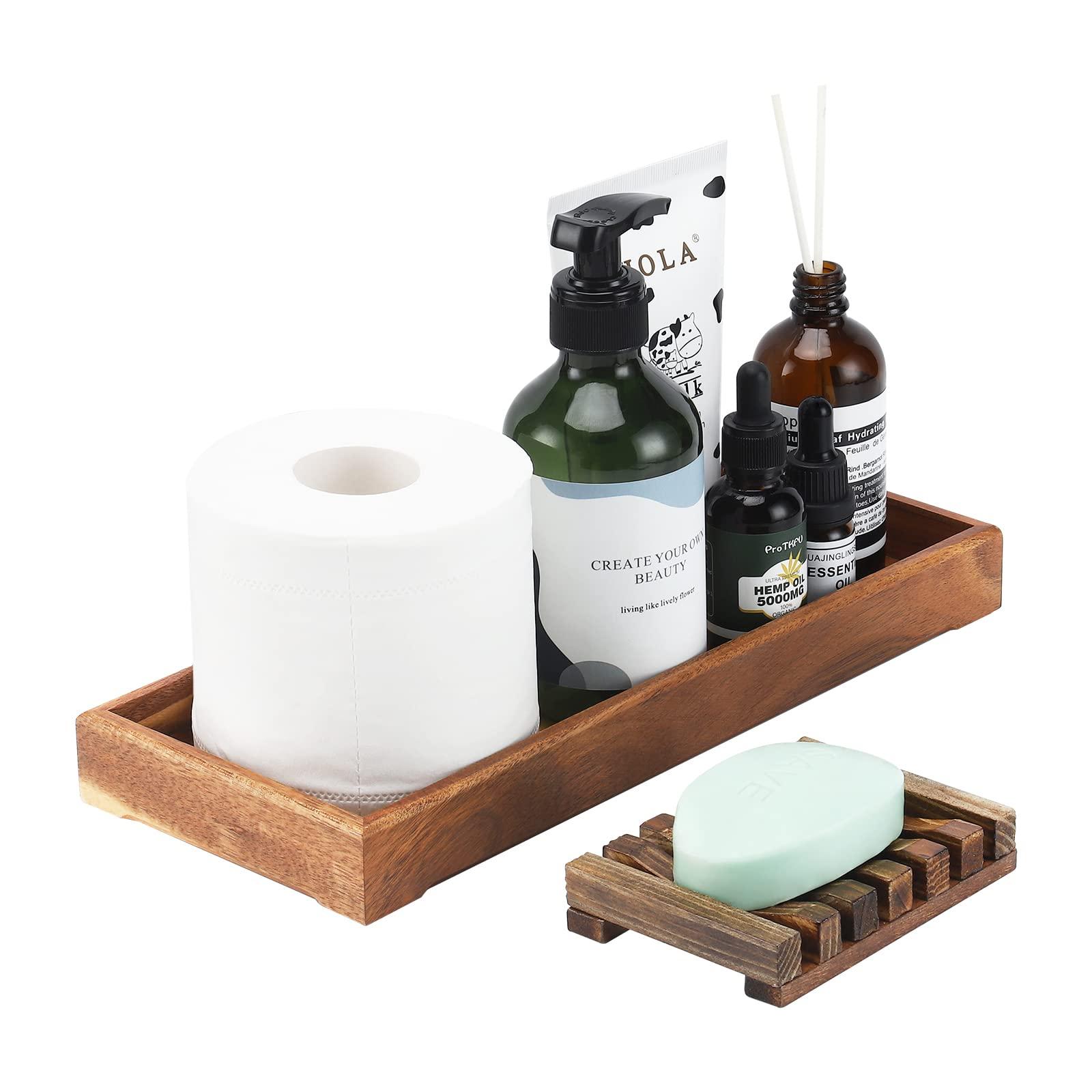 Crafted wooden trays keep essentials organized in farmhouse bathrooms