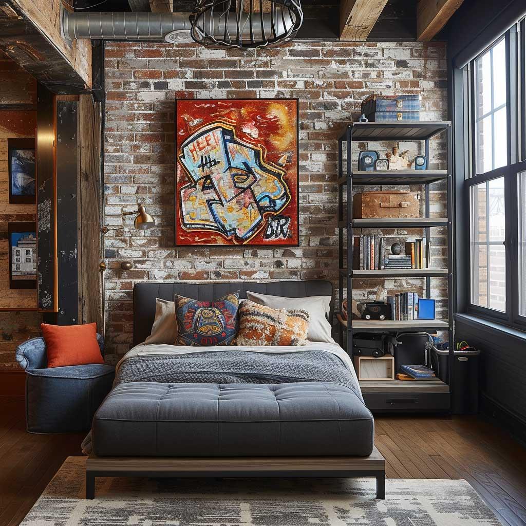 Urban chic teen bedroom showcasing urban art and industrial elements for creativity