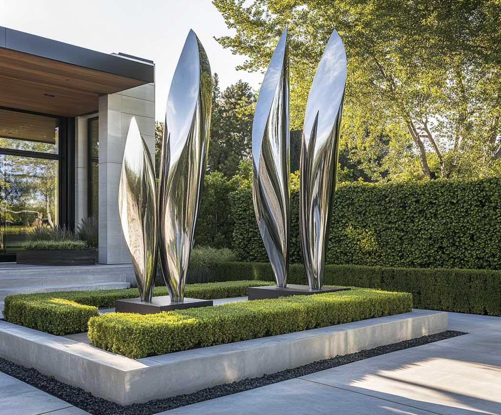 Incorporate a striking sculpture ​as a statement piece in front yard landscaping