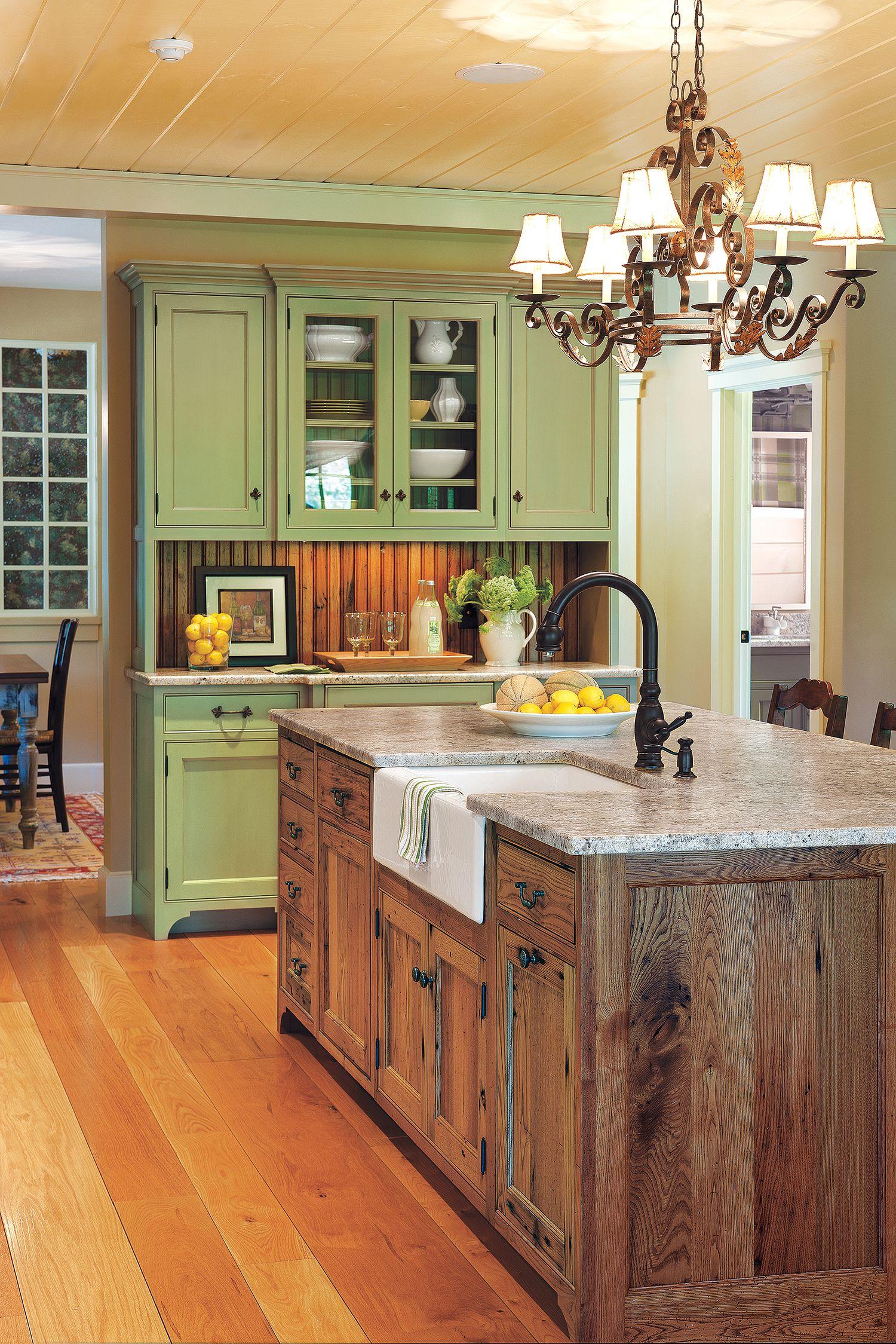 A farmhouse kitchen island provides ample workspace and casual dining options