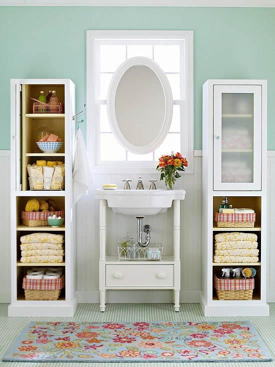 Install vertical storage solutions to maximize narrow bathroom height