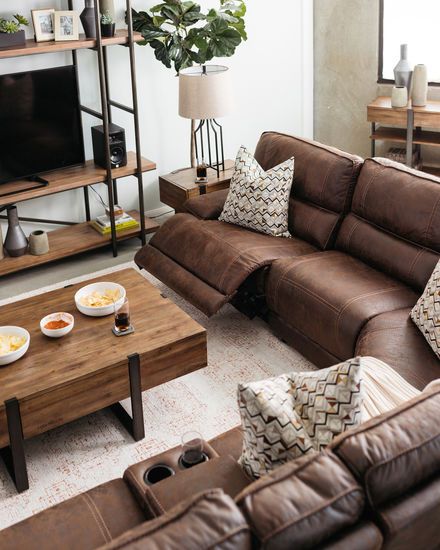 Six-Piece Traditional Reclining Sectional in Cognac | Leather .