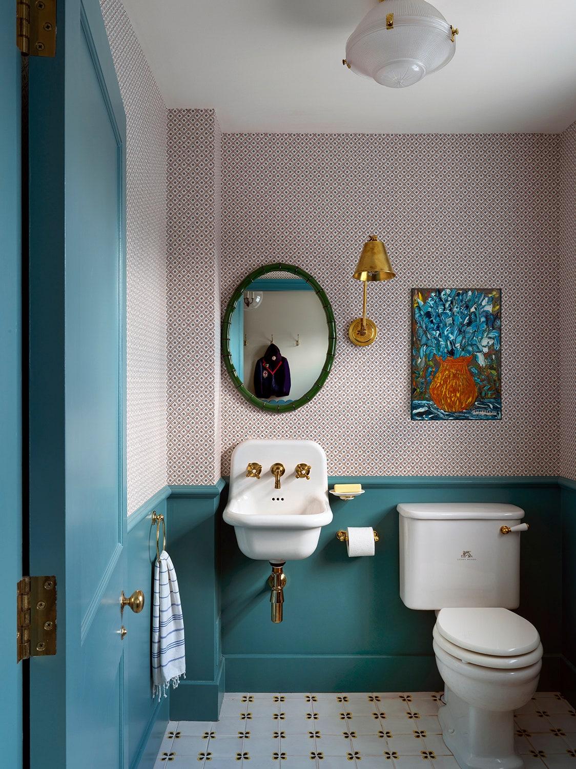 Colorful vintage tiles for a bold eclectic bathroom floor