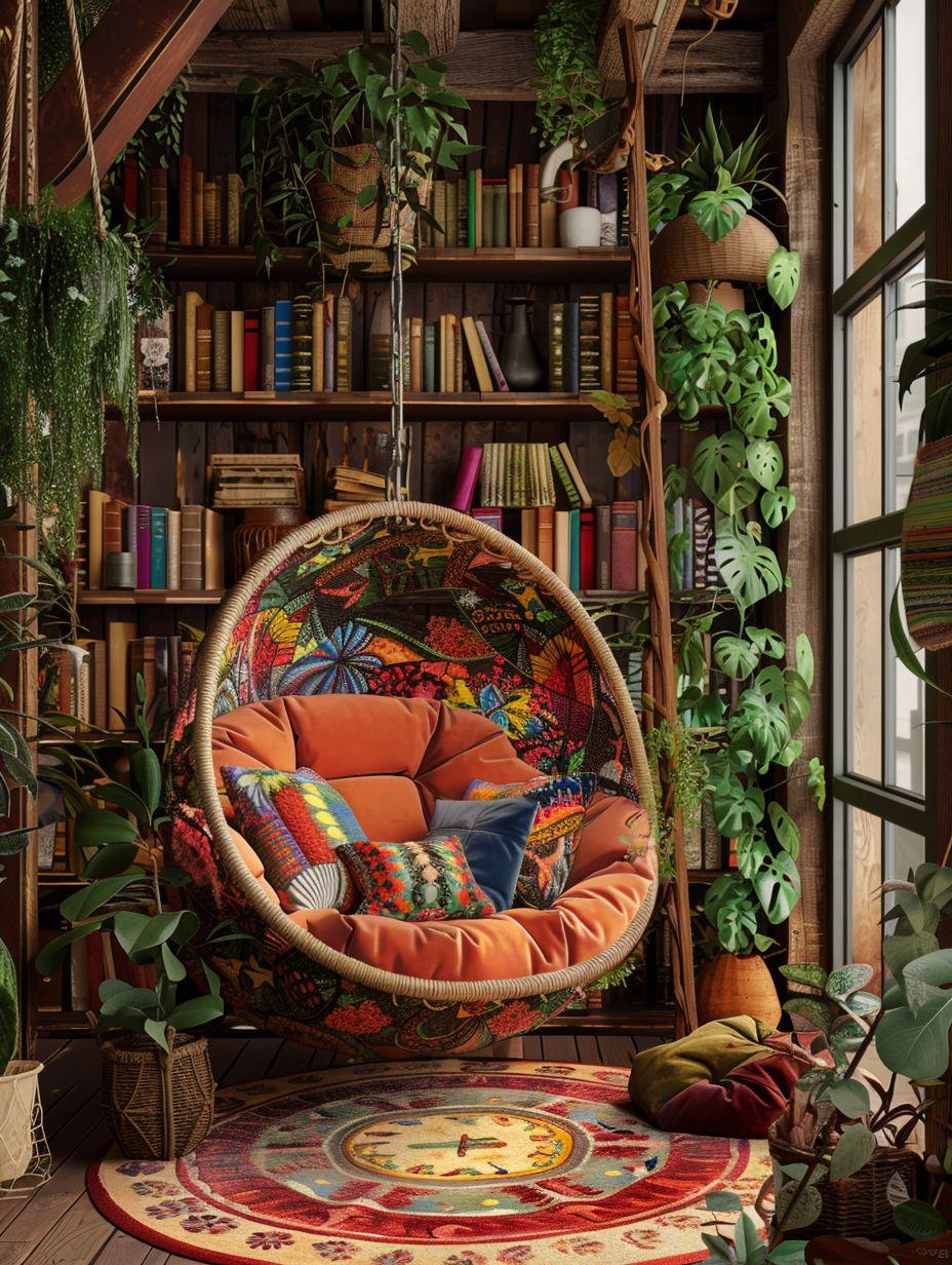 Create a serene reading nook with an eclectic chair and warm lighting