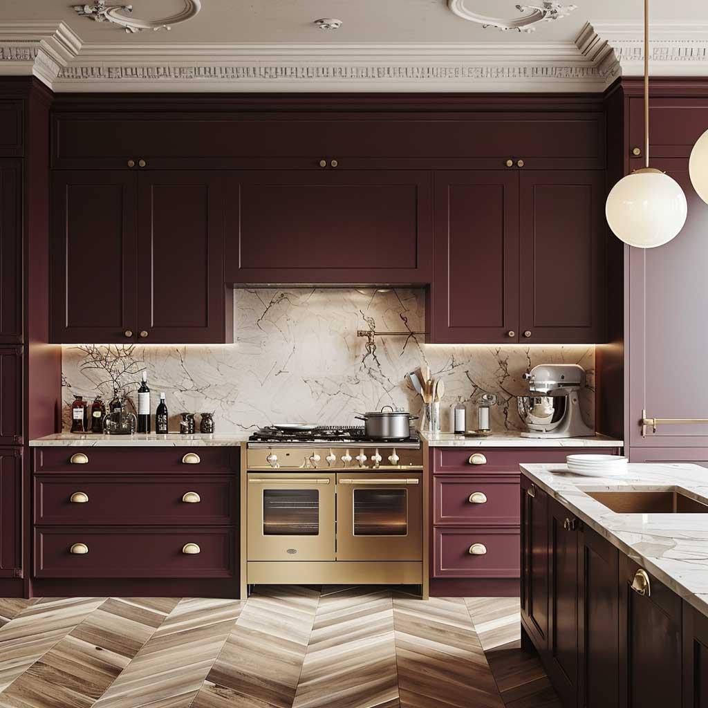 Pair your Burgundy Kitchen with white cabinetry for a striking contrast