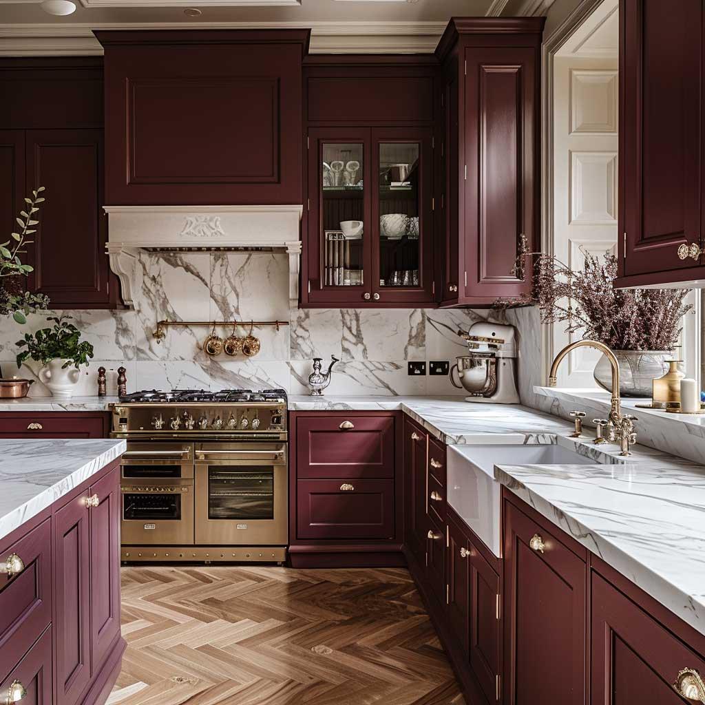 Marble countertops beautifully contrast with a ⁢burgundy kitchens deep hues