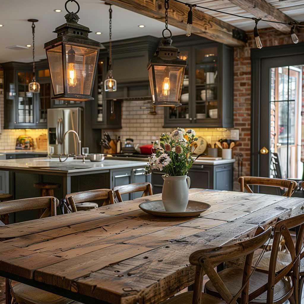 A charming chandelier illuminates your farmhouse kitchen with warmth and character