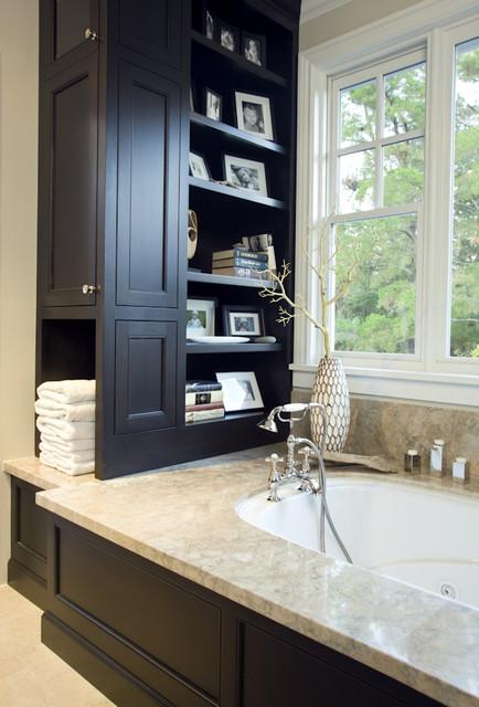 Incorporate built-in storage options for better organization in narrow bathrooms