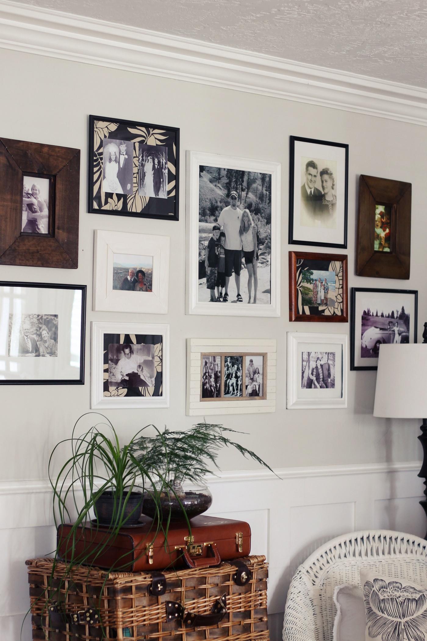 Create a gallery wall to showcase art and memories in your living room