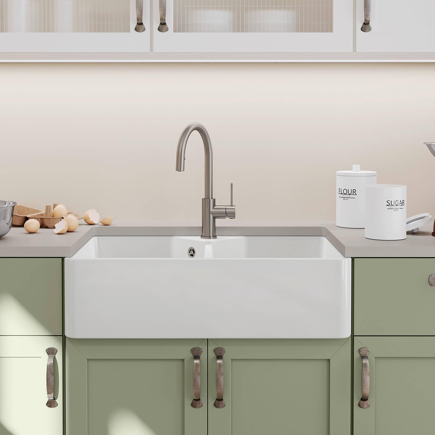 A farmhouse sink combines functionality with timeless elegance in your kitchen