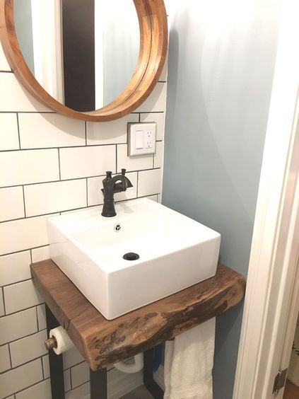 Live Edge vanity base. Vessel sink. Subway tile. perfect .