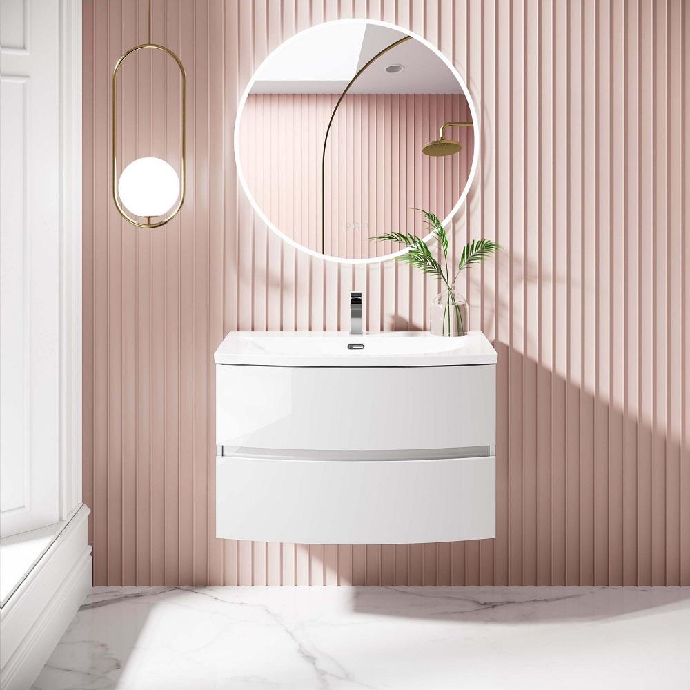 Choose rounded furniture to soften lines in a small bathroom