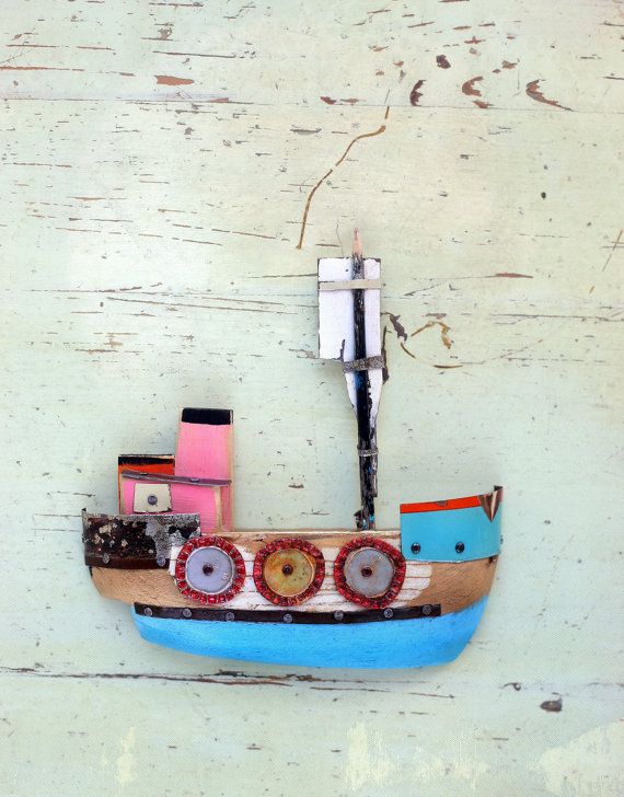 Rustic pink blue wooden boat for the wall. Wall decor wooden boat .